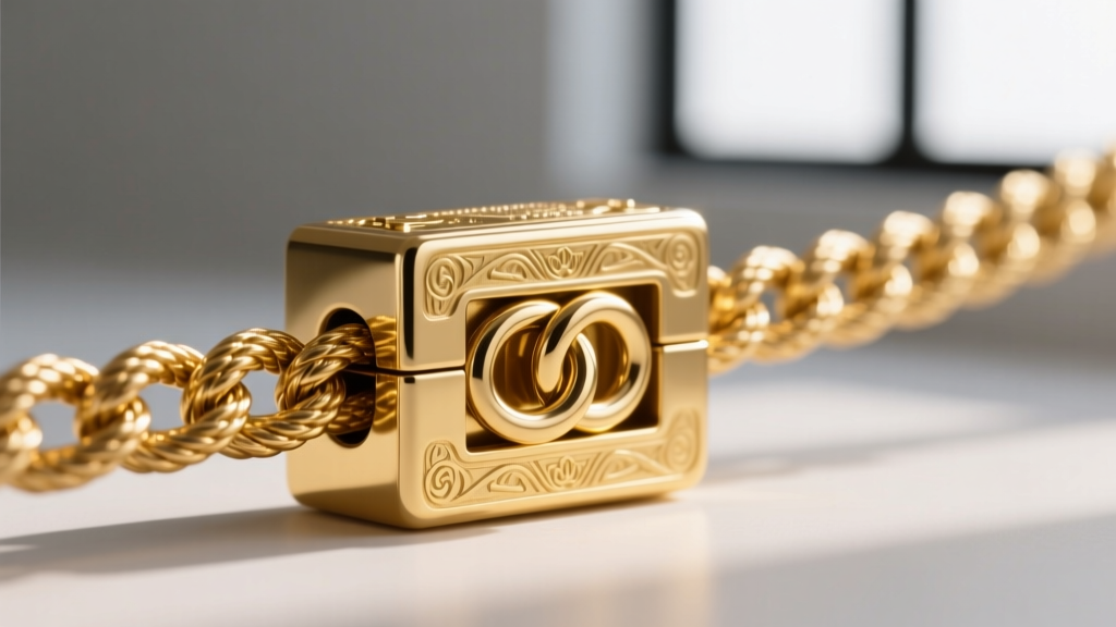 Detailed macro shot of a secure gold box clasp with a figure-eight safety catch attached to a thick 5mm twisted gold rope chain.