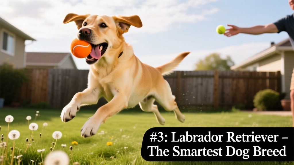 A Labrador Retriever happily retrieving a bright orange ball mid-air during an outdoor game of fetch