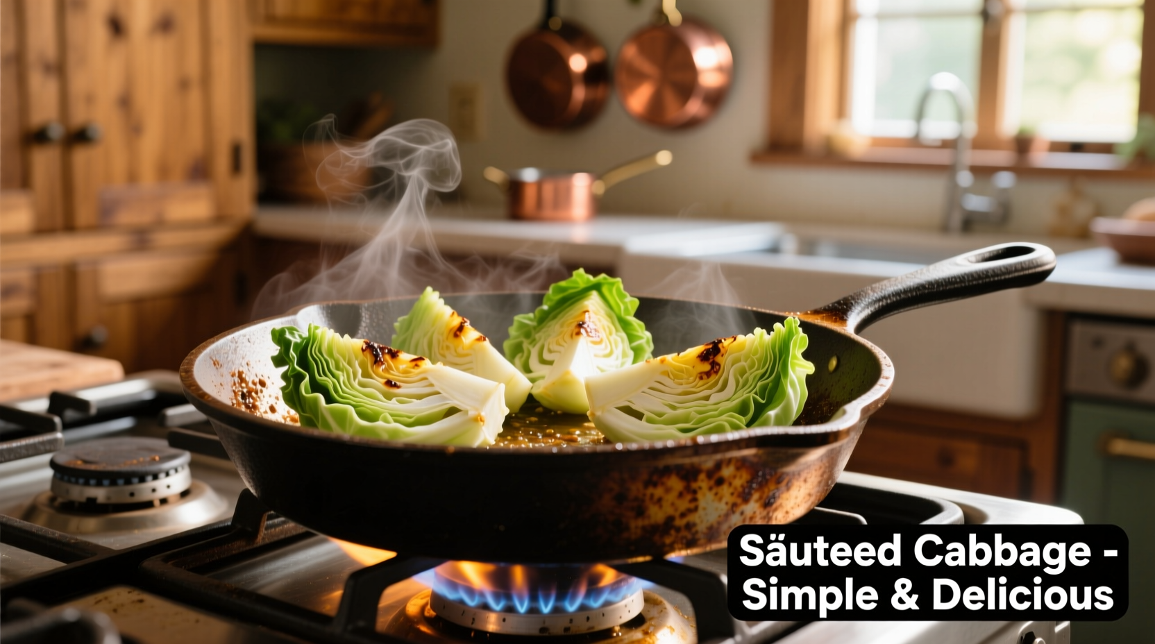 Fresh cabbage cooking in cast iron skillet on stove