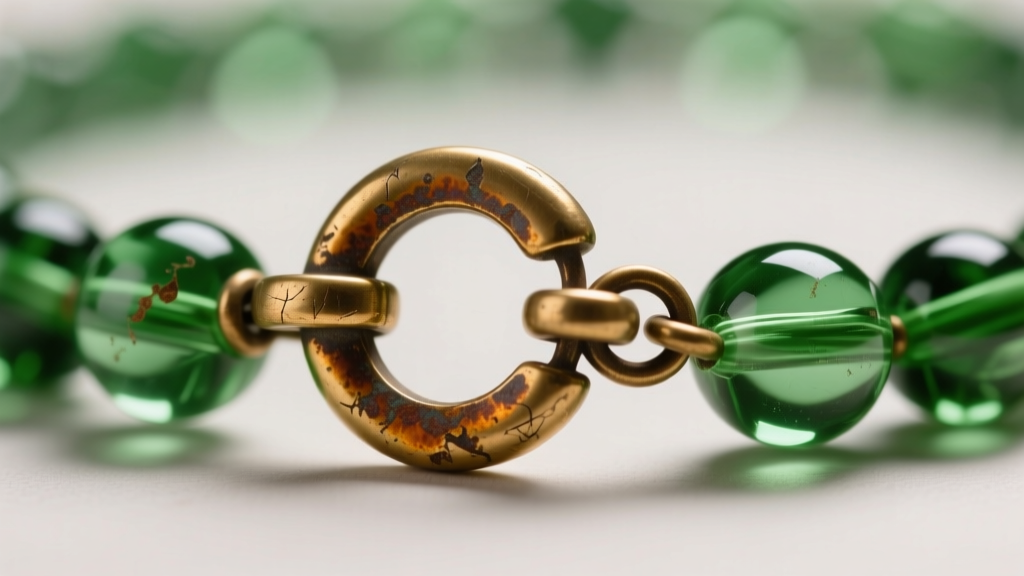 Extreme close-up of a vintage C-clasp and unsoldered jump ring on a green glass necklace chain showing brass patina and wear.