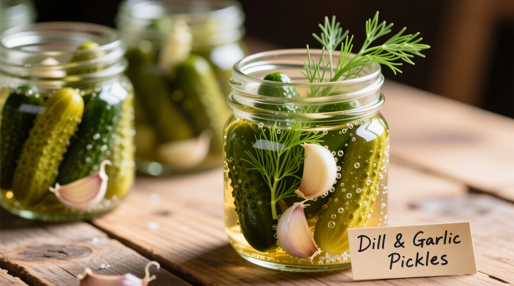 Fresh garlic dill pickles in mason jars with dill sprigs