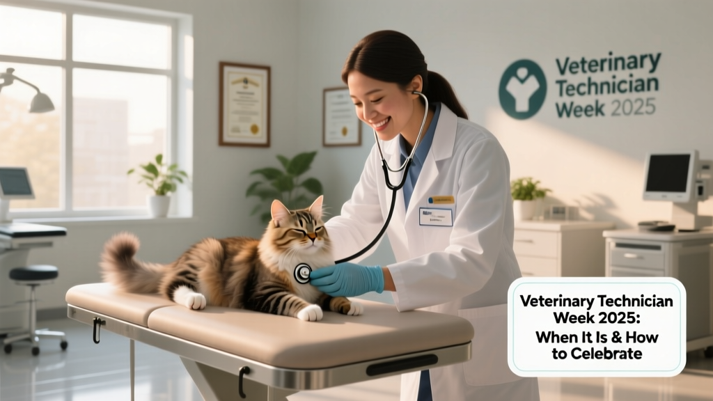 A veterinary technician gently examining a calm cat during a routine checkup at a modern clinic