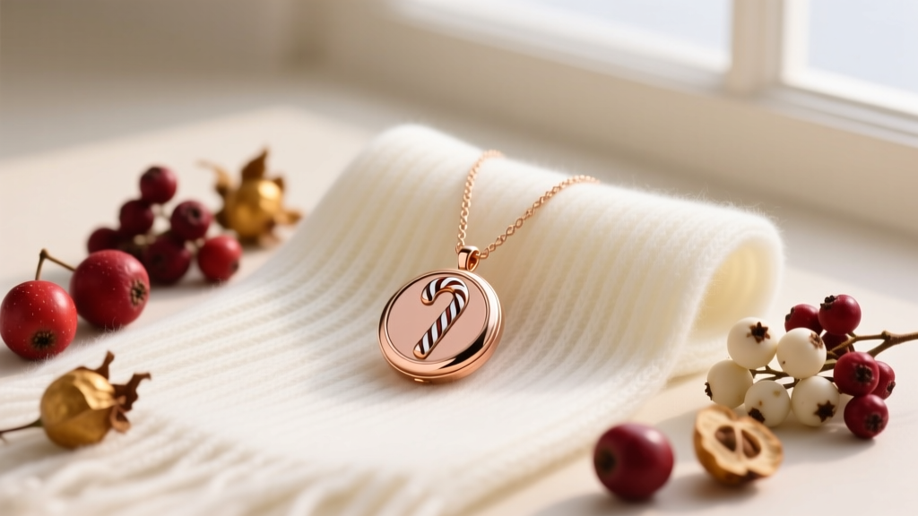 Rose gold candy cane locket necklace resting on a white cashmere scarf, surrounded by dried winter berries in soft warm lighting