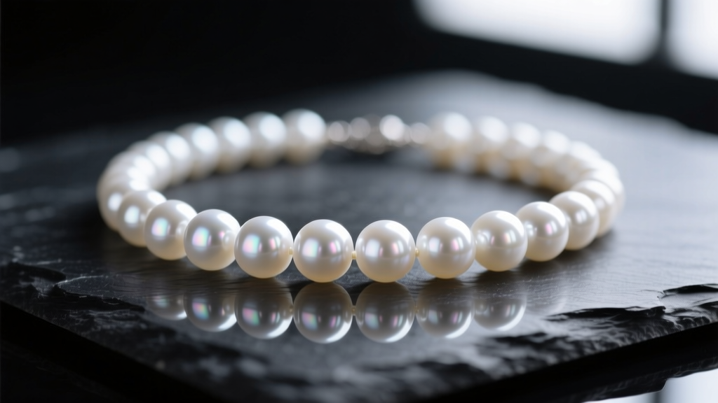 Extreme macro photo of a flawless white Akoya pearl necklace on dark slate, showcasing sharp mirror-like luster reflections