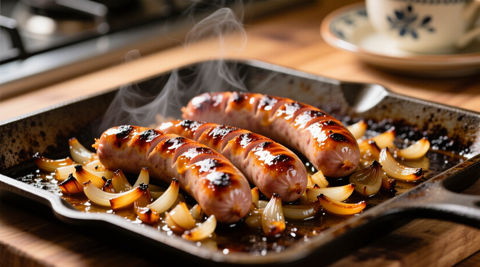 Oven-baked bratwurst with caramelized onions on baking sheet