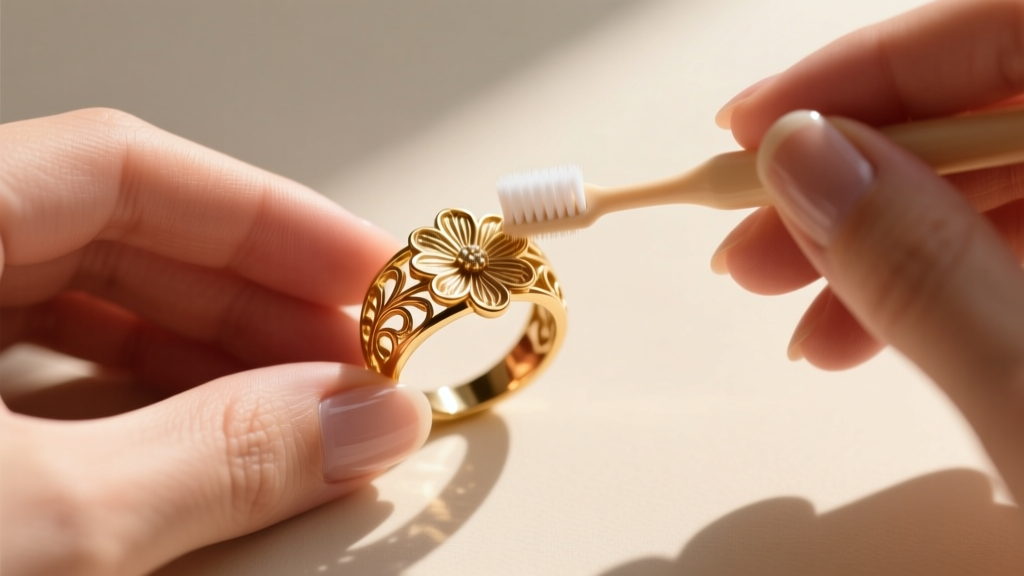 Close-up of hands using a soft baby toothbrush to gently scrub the intricate floral filigree of a gold-plated brass cocktail ring
