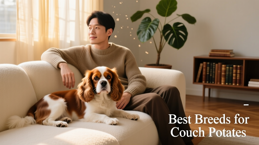 A gentle Cavalier King Charles Spaniel resting beside its owner on a plush living room sofa