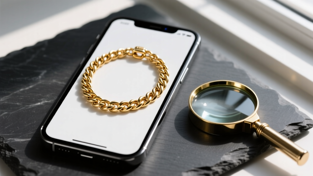 Smartphone screen showing a detailed necklace pic of a 14k gold rope chain next to a metal loupe on a dark slate surface