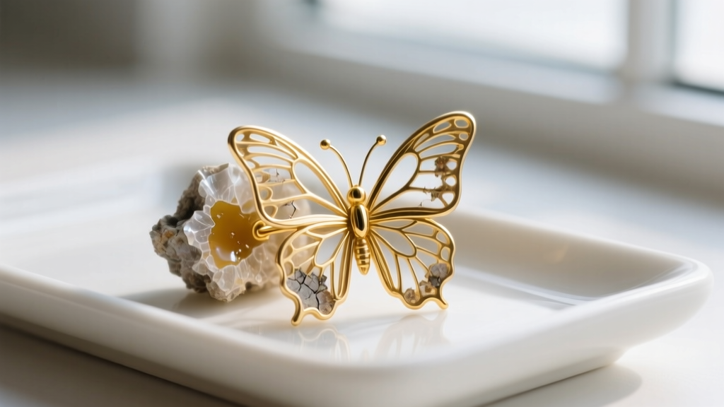 Macro shot of a gold butterfly earring back calcified with dried sebum and hard water deposits on a white ceramic tray.