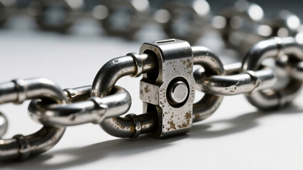 Close-up of a heavy-duty box clasp with a figure-8 safety catch on a thick steel Cuban link chain, shown in sharp focus