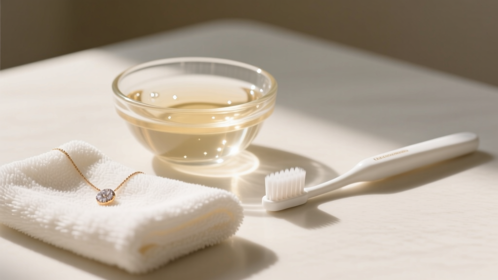 Flat lay of a jewelry cleaning kit with a small glass bowl, extra-soft baby toothbrush, microfiber cloth, and mild liquid soap