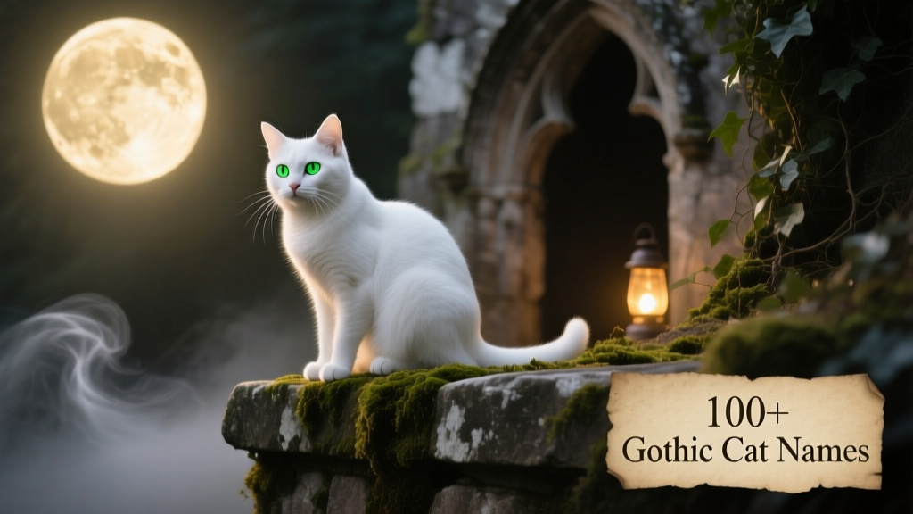 A white cat perched on a weathered stone ledge under a full moon
