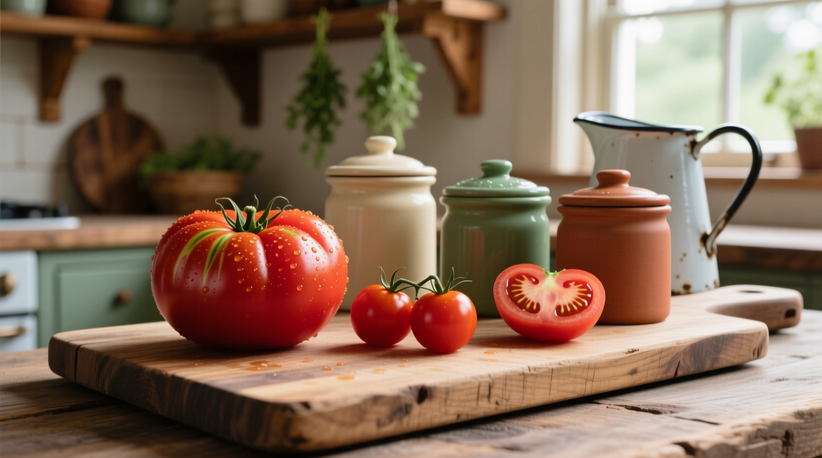 Fresh tomatoes on wooden cutting board with storage containers