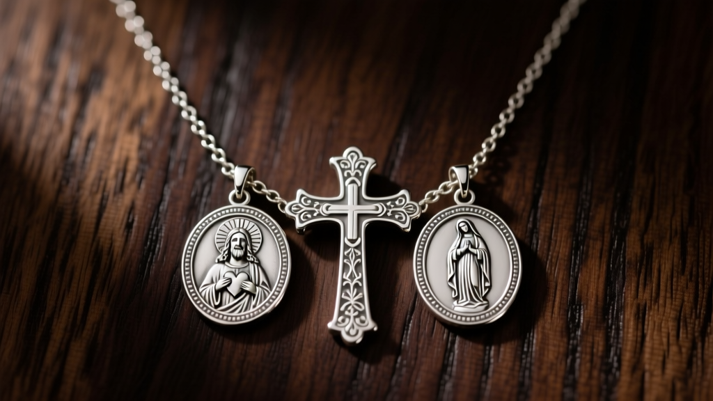Sterling silver Catholic scapular necklace with dual medals of the Sacred Heart and Virgin Mary resting on dark oak wood background