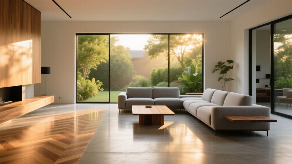 Wide angle view of a sunlit contemporary living room featuring large format polished concrete floors and warm oak herringbone transitions