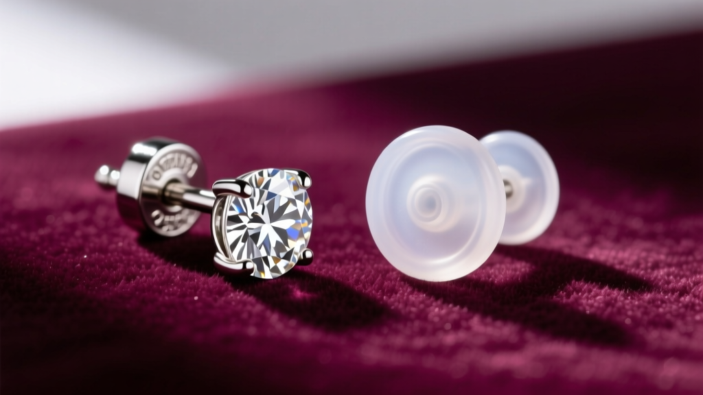 Close-up of a diamond stud post showing a standard metal pushback and a wide clear silicone jumbo back side-by-side on velvet.