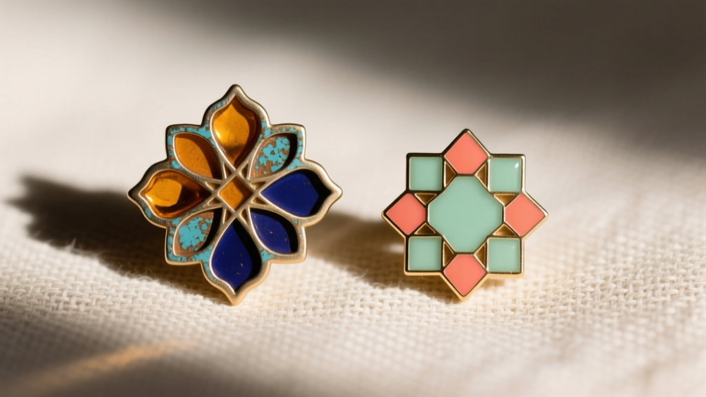 Macro shot comparing a 15mm Vintage Alhambra motif and a 10mm Sweet Alhambra motif side-by-side on textured neutral linen fabric.