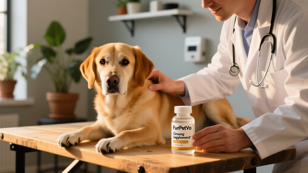 A veterinarian examining a calm adult dog while holding a bottle labeled 'FurPetVo Ginseng Supplement for Dogs'
