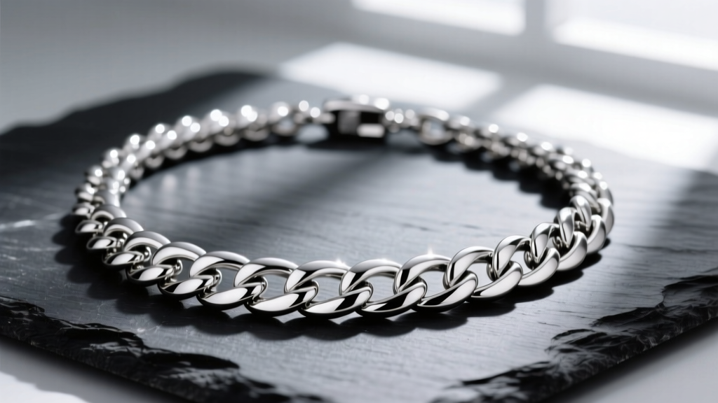 Close-up of a polished platinum mens white necklace on dark slate, highlighting heavy interlocking curb links.