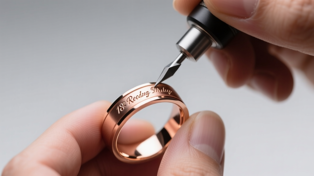 Jeweler using a pneumatic graver to hand-engrave a message inside a polished 18k rose gold band under bright magnification