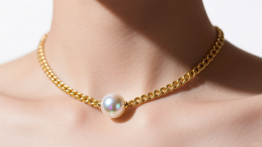 Close-up of a 14k gold cable chain pearl necklace with a single high-luster Akoya pearl resting softly on a bare collarbone