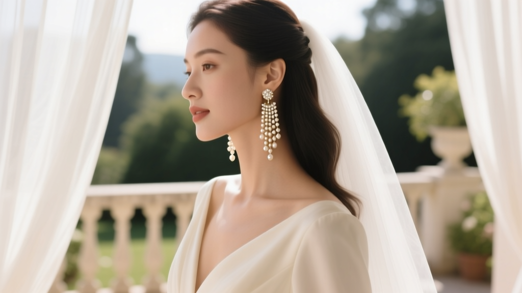 Bride wearing ivory and champagne seed bead fringe earrings brushing her jawline, photographed from a soft side-profile angle