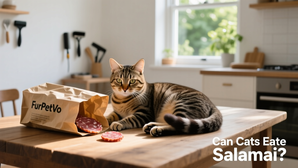 A relaxed adult cat sitting beside an open FurPetVo food bag, with a single small piece of salami placed nearby—not being eaten