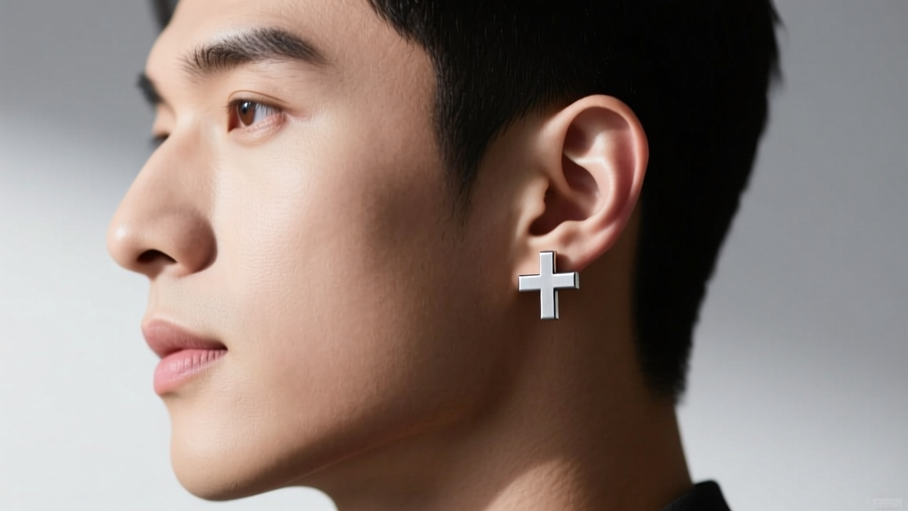 Side profile of a man wearing a minimalist brushed tungsten cross stud earring, highlighting the sleek metal finish on his earlobe.