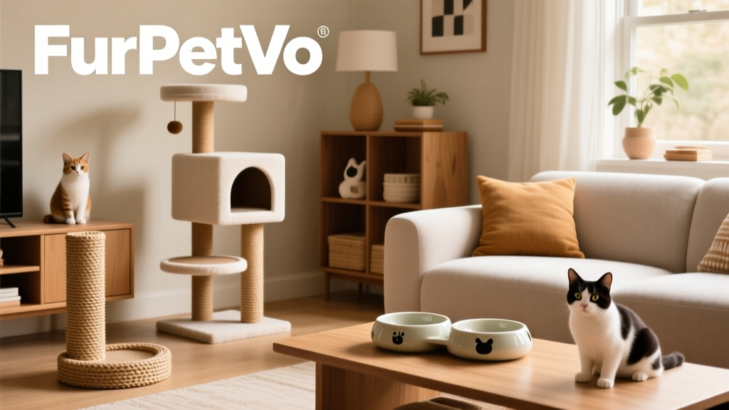 Stylish, cohesive living space featuring multiple FurPetVo decor items: a modern cat tree, woven scratching post, and ceramic double diner