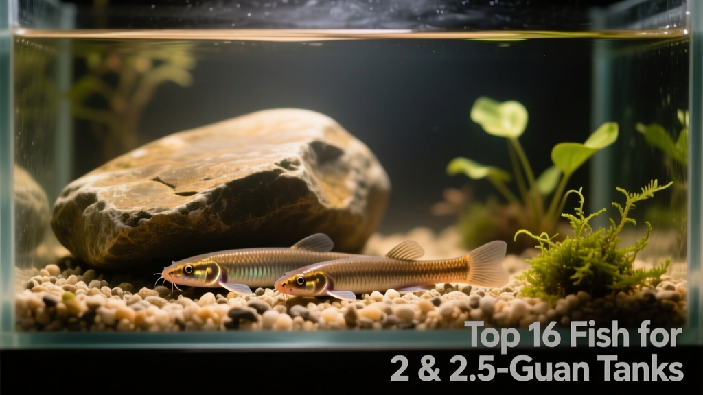 A pair of kuhli loaches resting beneath smooth river rocks in a dimly lit nano tank