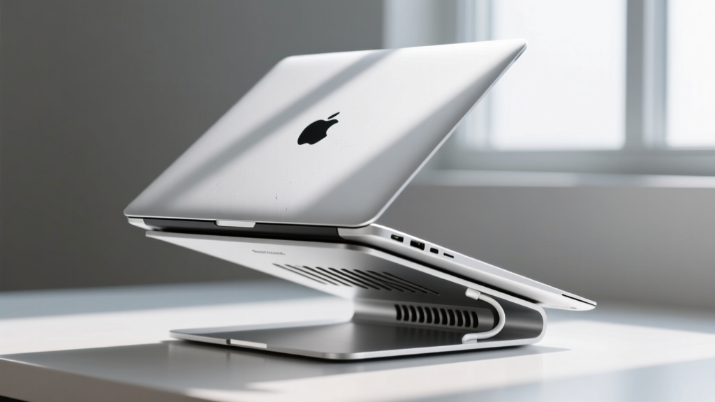 Side profile of an aluminum laptop riser elevating a silver MacBook Air, highlighting the ventilation gap and hidden cable routing channel