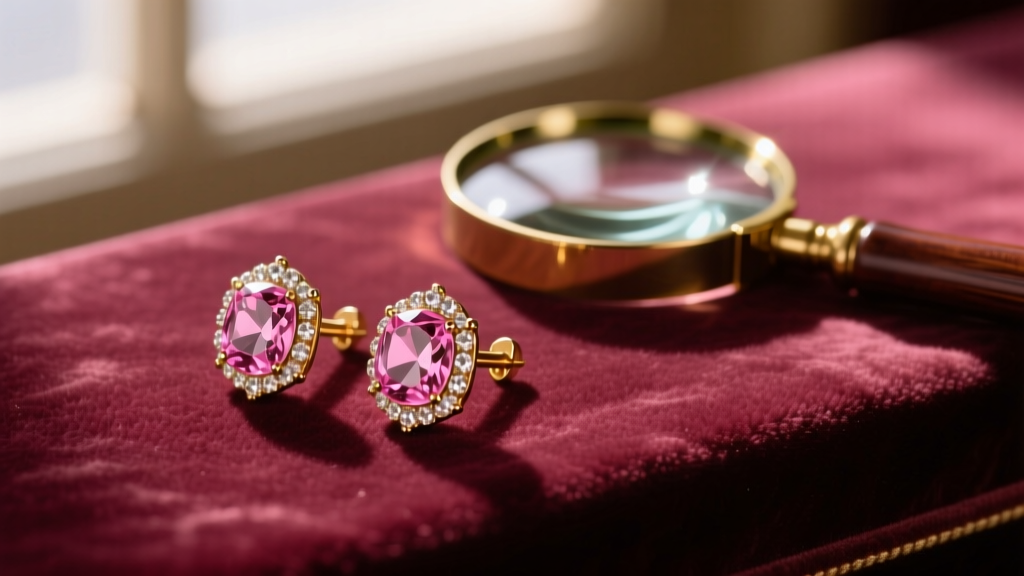 1950s vintage pink rhinestone clip-on earrings resting on faded velvet next to a jewelers loupe in soft window light