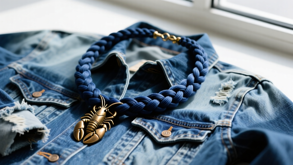 Flat lay of a braided raw indigo denim necklace with an antique brass lobster clasp resting on a faded vintage jean jacket.