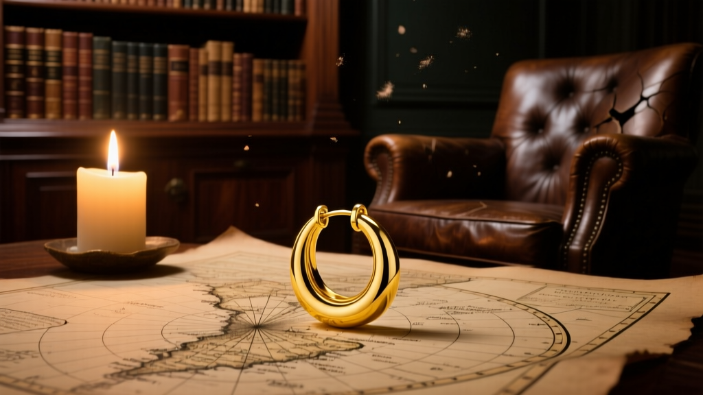 Antique nautical map beside a gleaming 22-karat yellow gold hoop earring, illuminated by warm candlelight in a moody, dark study.