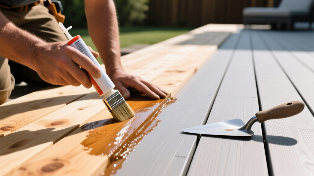 Close-up of a contractor applying weatherproofing sealant to a pressure-treated pine deck board next to a pristine composite deck