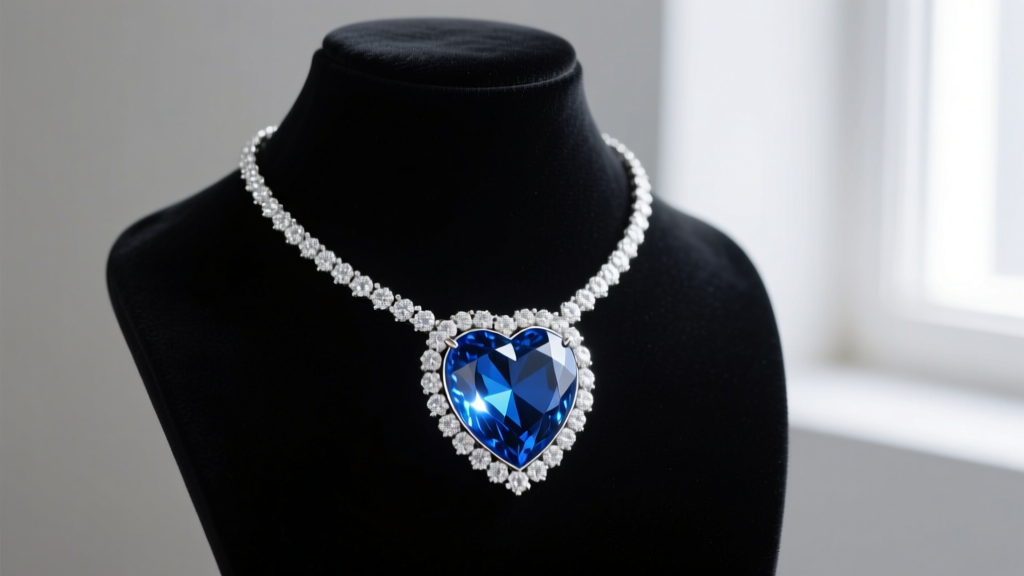Elegant display of a Heart of the Ocean necklace replica with a large blue heart gemstone and diamond halo on a dark velvet bust.
