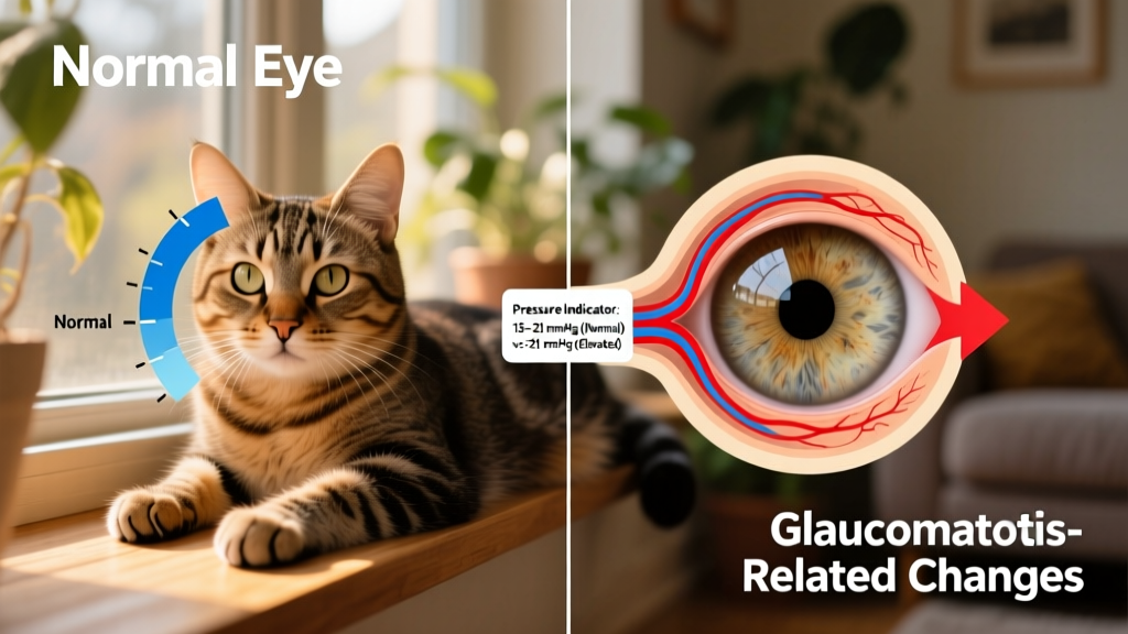 Infographic showing normal vs. glaucomatous eye anatomy with pressure indicators