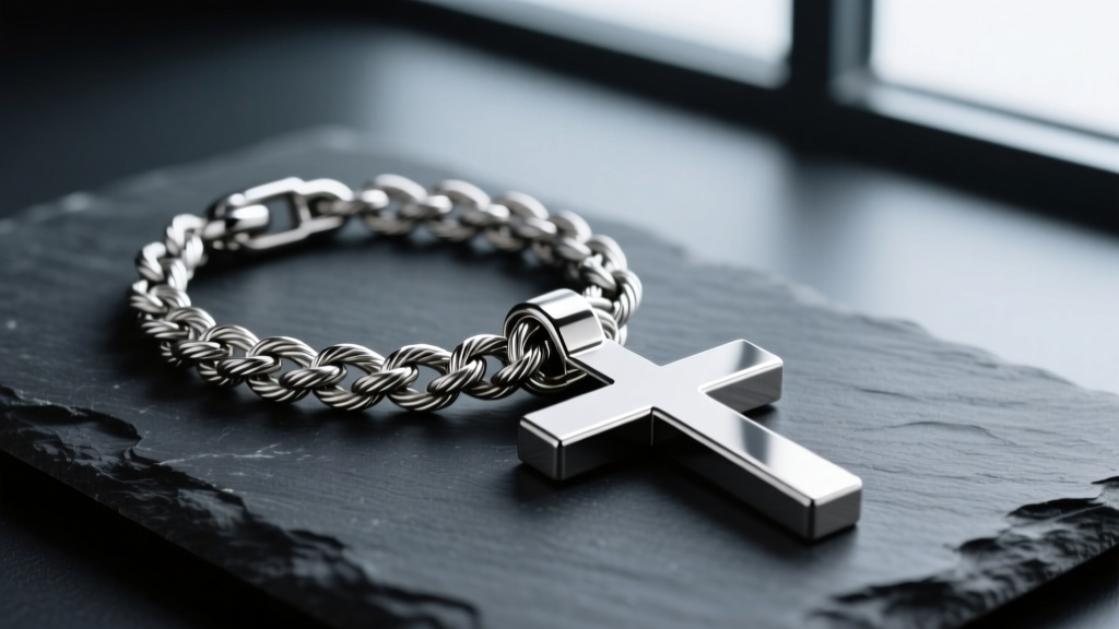 Heavy 316L steel mens big cross necklace on dark slate, showing a thick 5mm cable chain and a reinforced soldered bail connection.