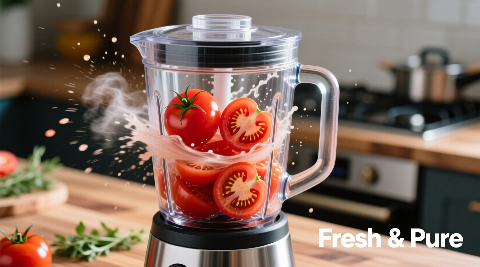 Fresh tomatoes being processed in blender