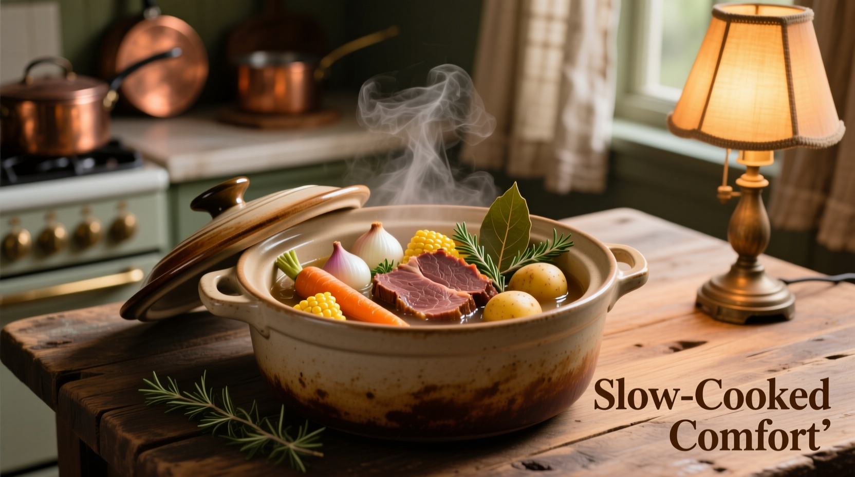 Slow cooker filled with corned beef and vegetables