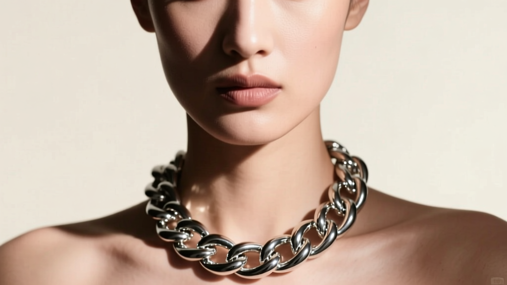 Profile of a model wearing an 8mm chunky herringbone silver chain, catching studio light to emphasize its liquid-metal drape