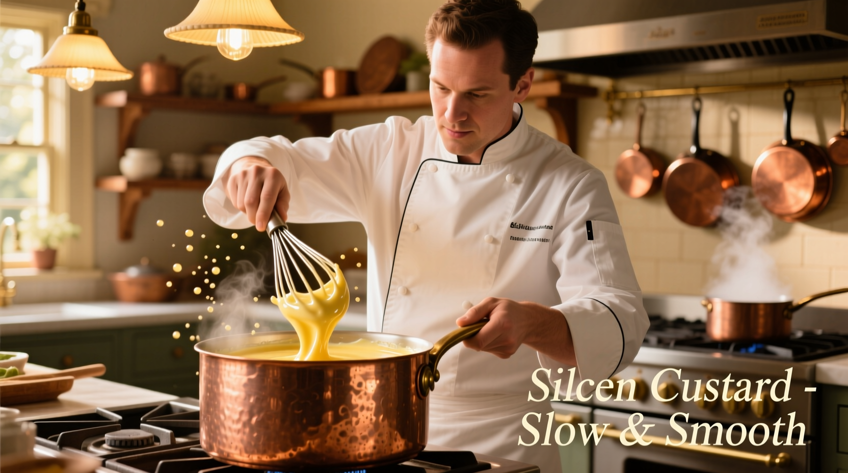 Chef whisking smooth custard in copper pot