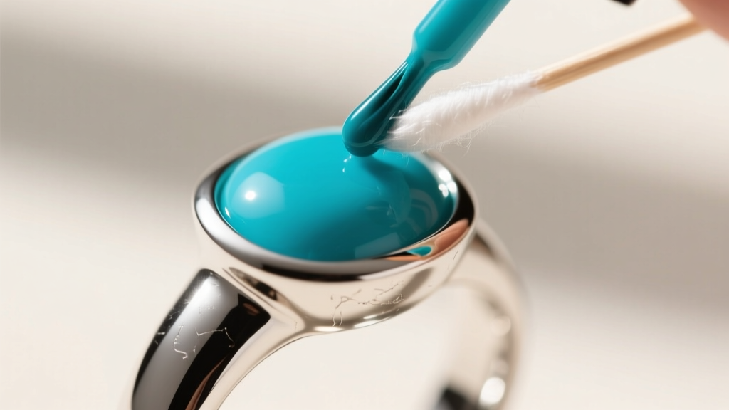 A cotton swab applying polish to the silver bezel of a turquoise ring, carefully avoiding the porous blue gemstone surface.