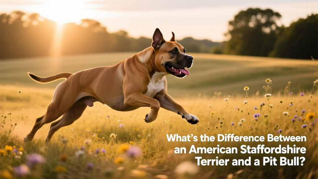 American Pit Bull Terrier mid-stride running through a sunlit field, highlighting its lean, athletic build