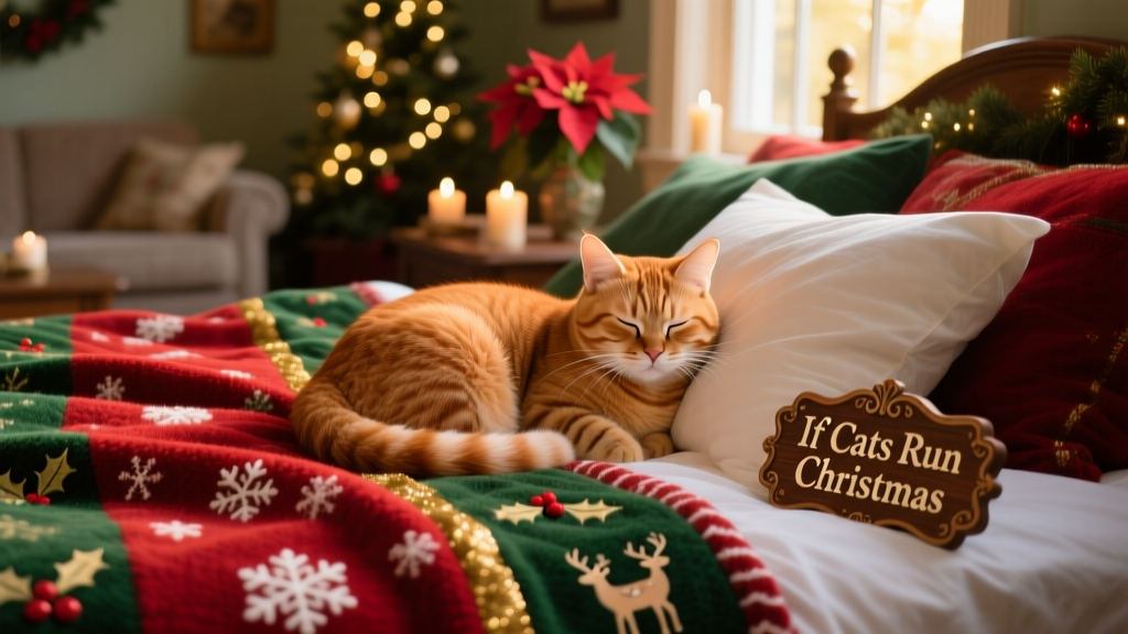 A cat curled up peacefully on a cozy bed covered with festive blankets