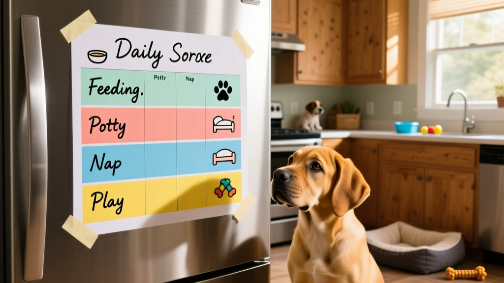 Color-coded daily schedule chart taped to a fridge, showing feeding, potty, nap, and play times