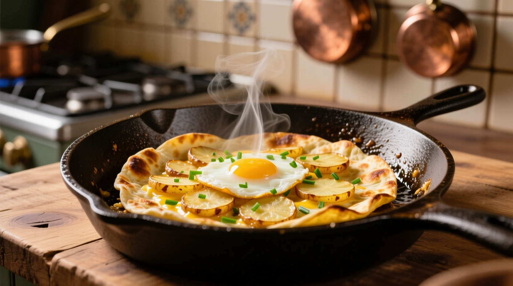 Golden potato and egg tortilla in cast iron skillet