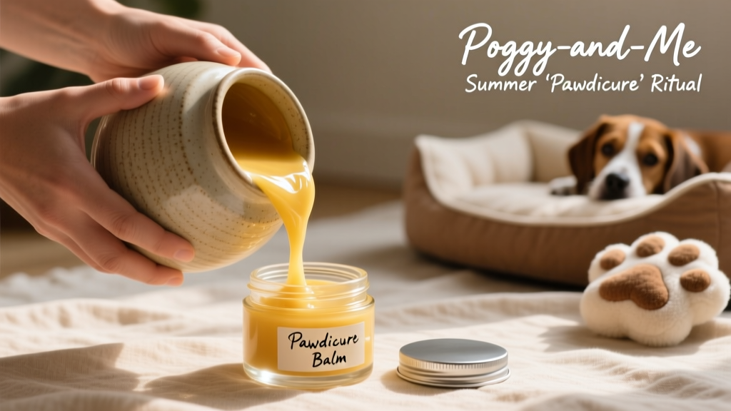 Hands pouring warm, golden balm from a large jar into a smaller glass container with a lid