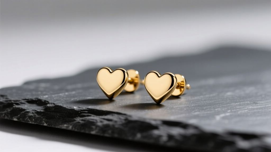 Close-up of delicate gold vermeil Amor heart stud earrings on dark slate, illuminated by soft directional studio lighting.