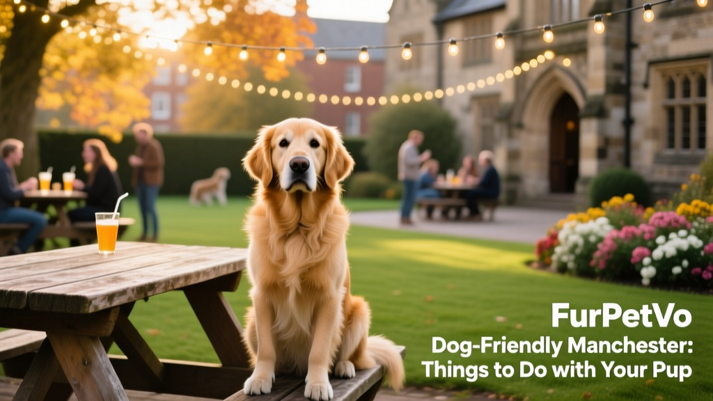 A friendly golden retriever sitting calmly beside a wooden picnic table outside FurPetVo Schloss, with festive string lights overhead and people enjoying drinks nearby